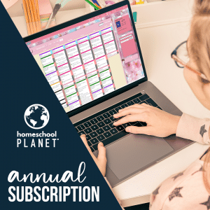 Mom on computer using Homeschool Planet Annual Subscription