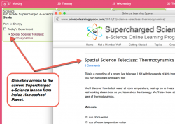 Homeschool Planet Supercharged Science weekly view with pop-up screenshot button