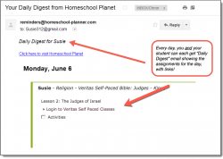 Homeschool Planet Veritas Self-Paced Bible daily digest email screenshot button
