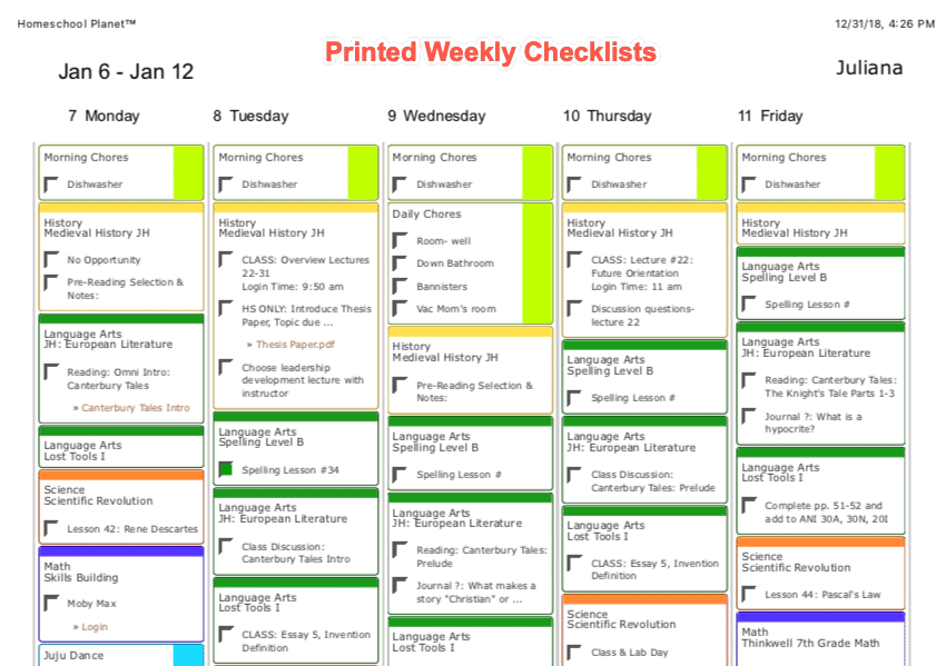 Homeschool Planet Printed Weekly Checklist screenshot button