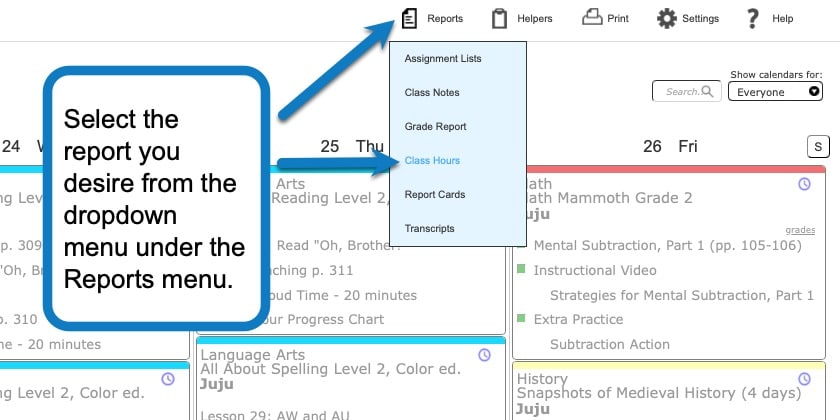 Generating a Class Hours Report in Homeschool Planet 1 screenshot