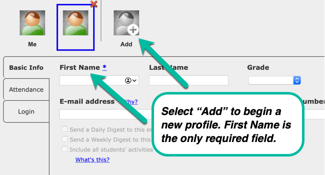 Selecting “add” button to create a new profile