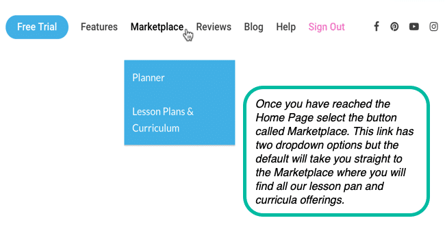 Marketplace button on the home page of Homeschool Planet.