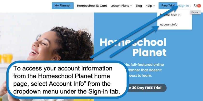 How to access your account info in Homeschool Planet screenshot 1