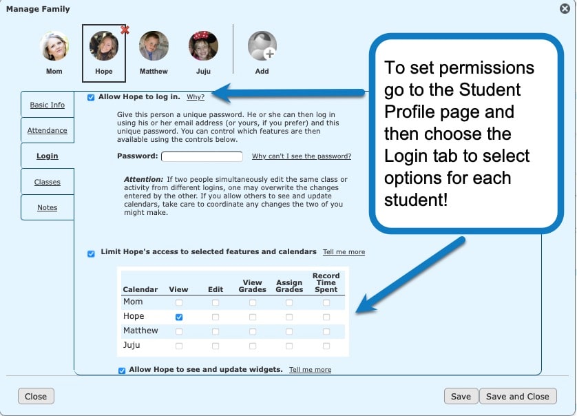 Assigning student permissions in Homeschool Planet screenshot 1