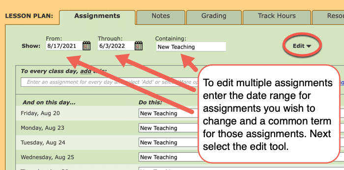 editing of assignments