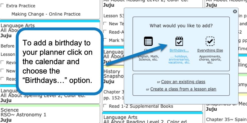 Adding a birthday in Homeschool Planet screenshot 1