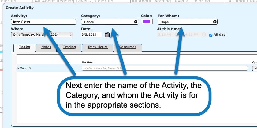 Adding an activity in your homeschool planner screenshot 2