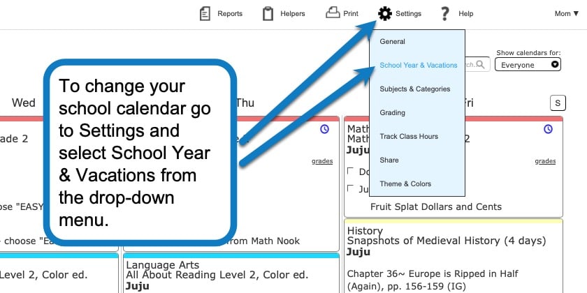 Changing the School Calendar in your homeschool planner screenshot 1