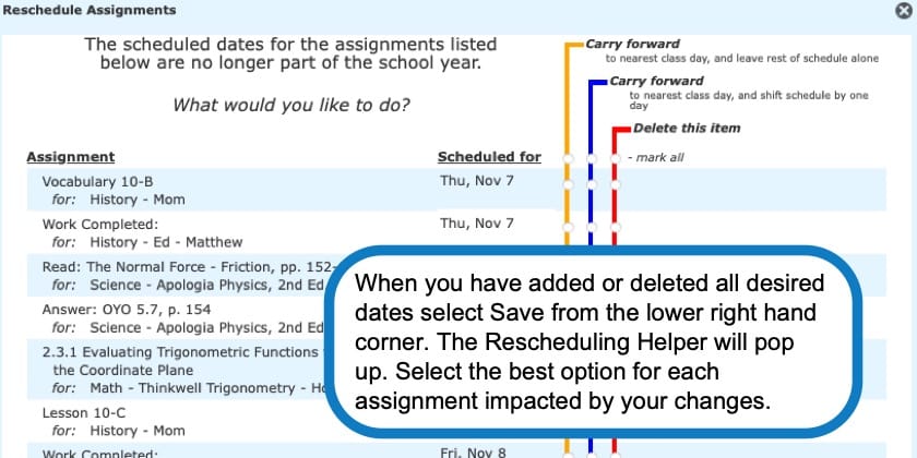 Using the rescheduling helper in Homeschool Planet screenshot 4
