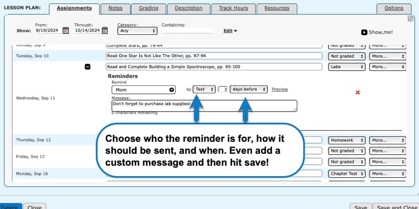 add a class reminder in homeschool planet step 3 choose who the reminder is for