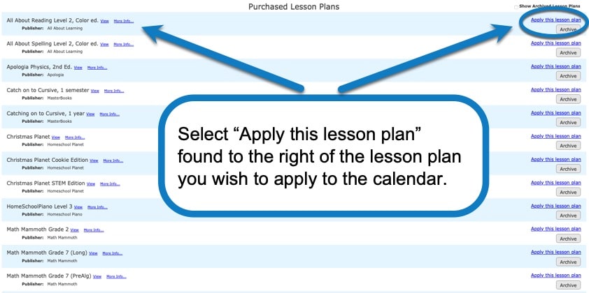 Selecting “Apply this lesson plan” to the right of the lesson plan you wish to apply