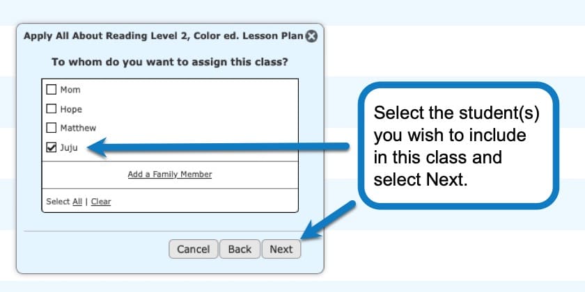 Selecting the student(s) you wish to include in a class while applying a lesson plan