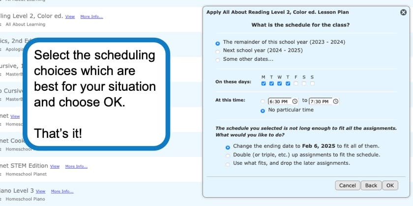 Selecting date options while applying a lesson plan