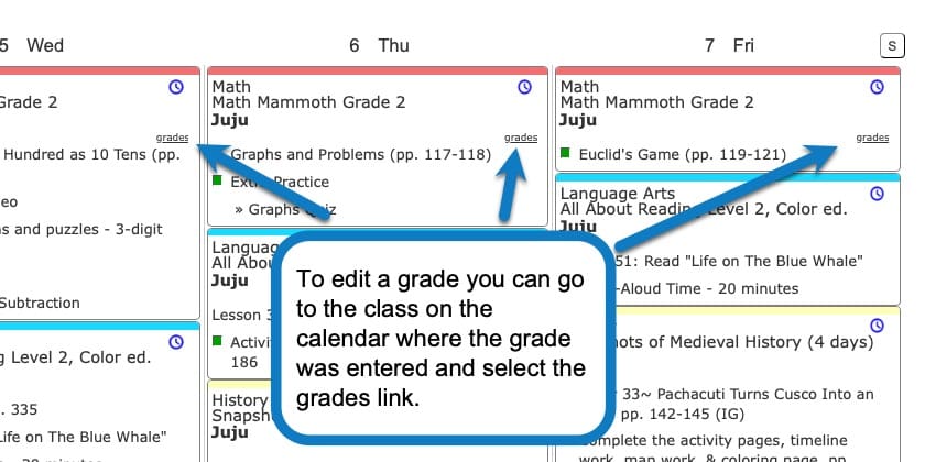 Instructions for editing a grade in Homeschool Planet 1