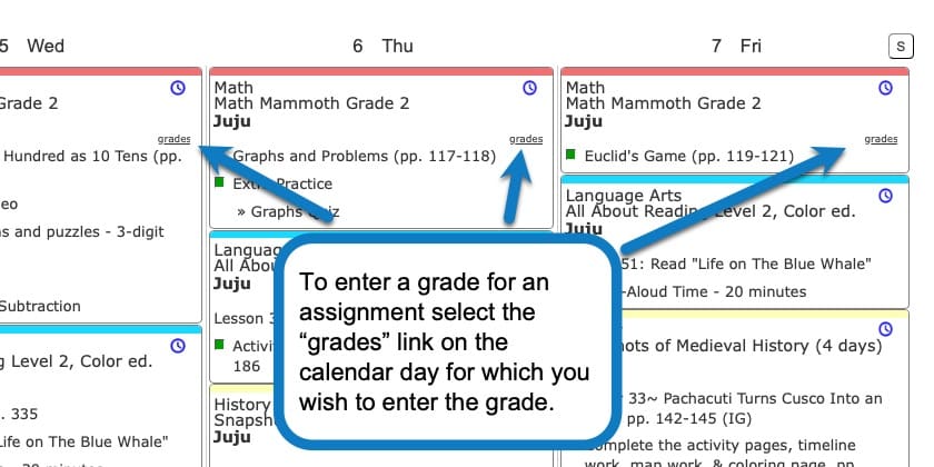 Locating the "grades" link on your homeschool calendar