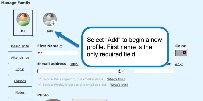 Selecting “add” button to create a new profile