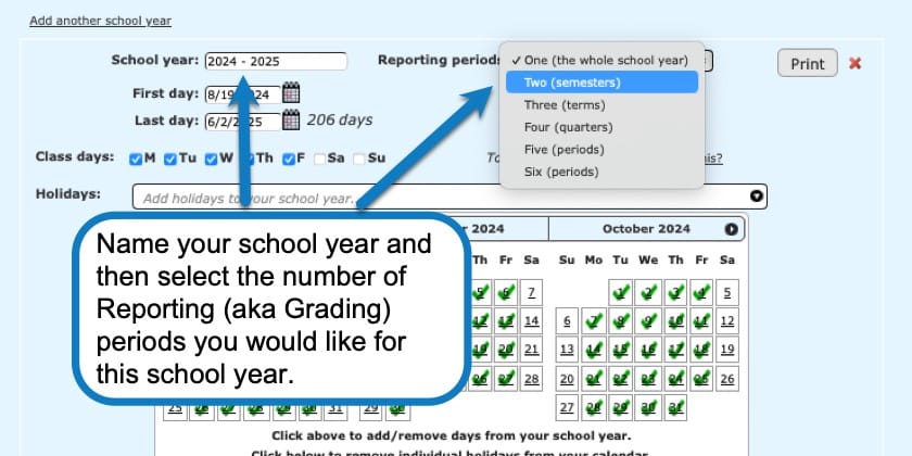 Naming your school year and selecting number of grading periods