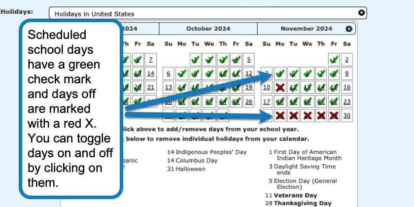 Selecting off days in your homeschool calendar
