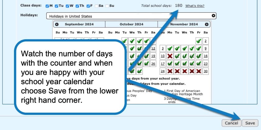 Saving changes to your school year calendar button