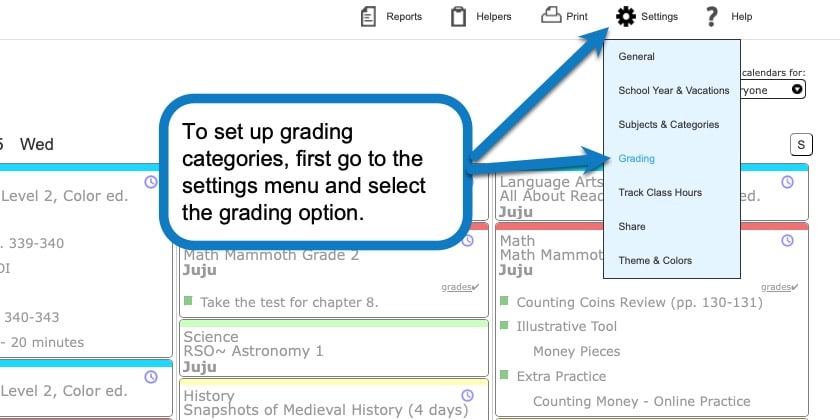 To set-up grading categories, first go to the settings menu and select the grading option.