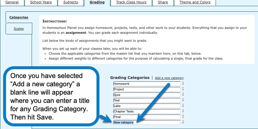 Once you have selected "Add a new category" a blank line will appear where you can enter a title for any grading category.