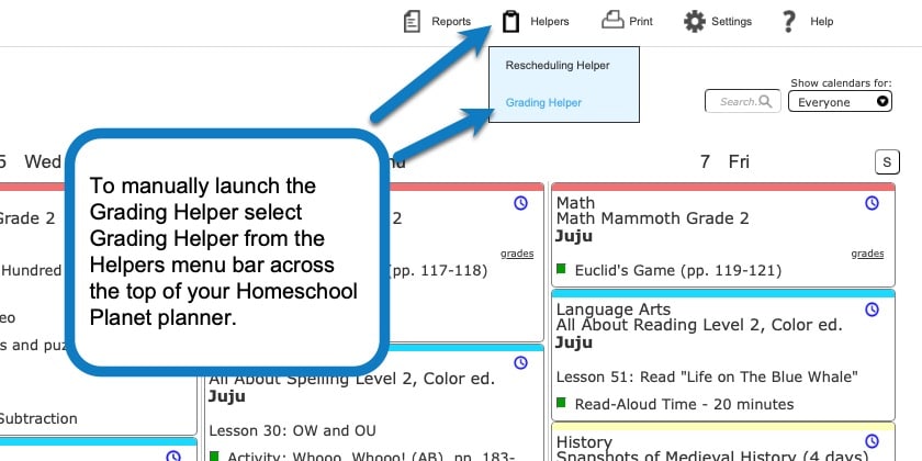 Grading helper button from the menu bar across the top of your Homeschool Planet planner