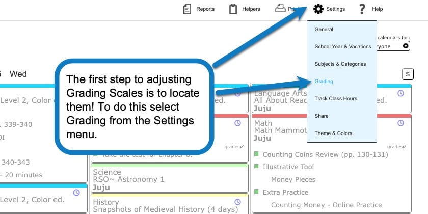 Screenshot to help you locate the grading tab under the settings menu.