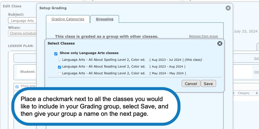 Selecting classes for your Grading group