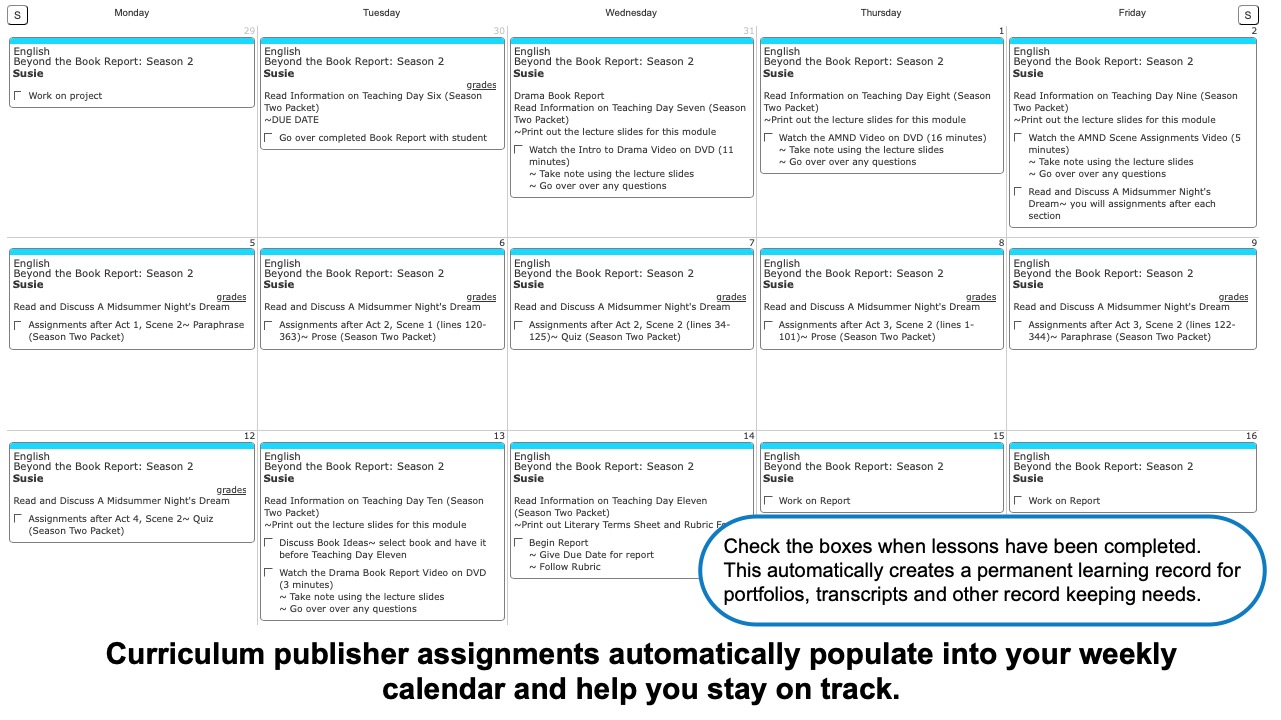 Beyond the Book Report Weekly View